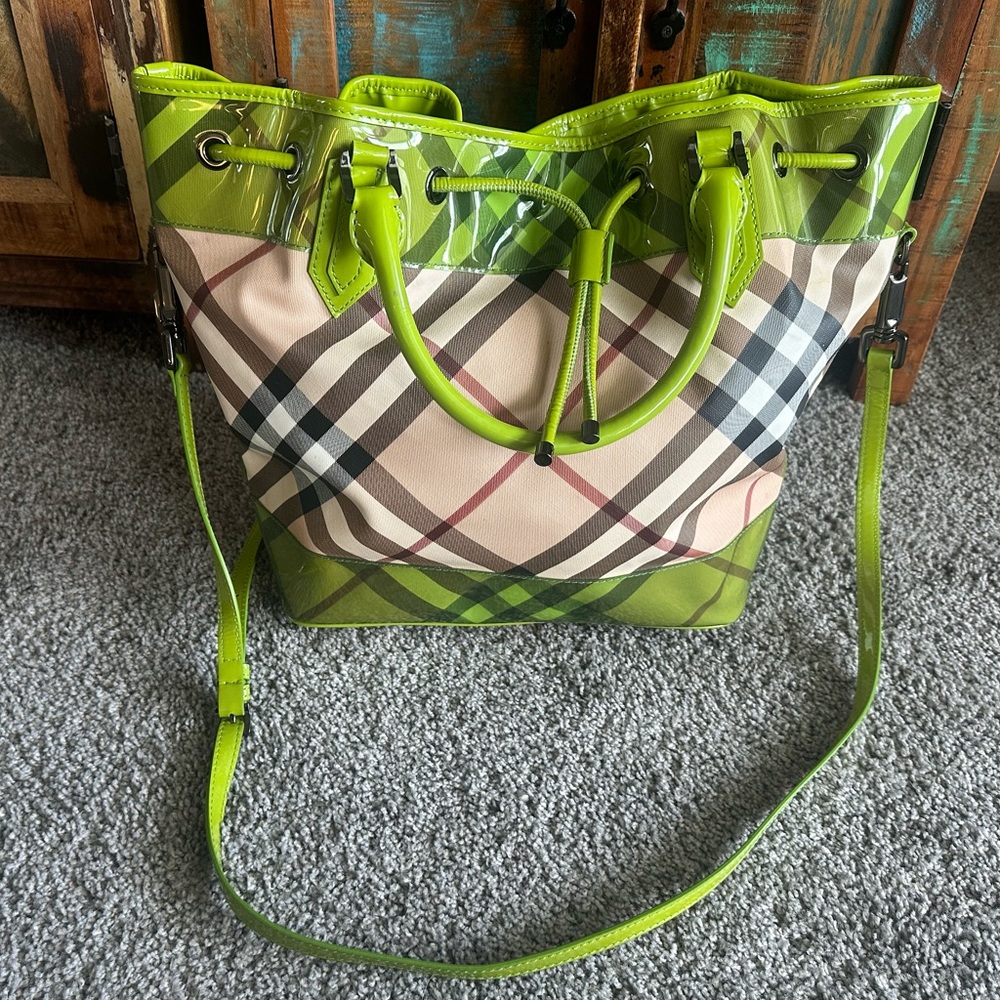 The Burberry Beige/Green PVC and Patent Leather Drawstring Tote (Rare)